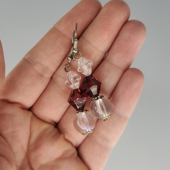 Plastic Clear and Burgundy Dangle Earrings and Burgundy Wooden Stretch Bracelet - Picture 5 of 9